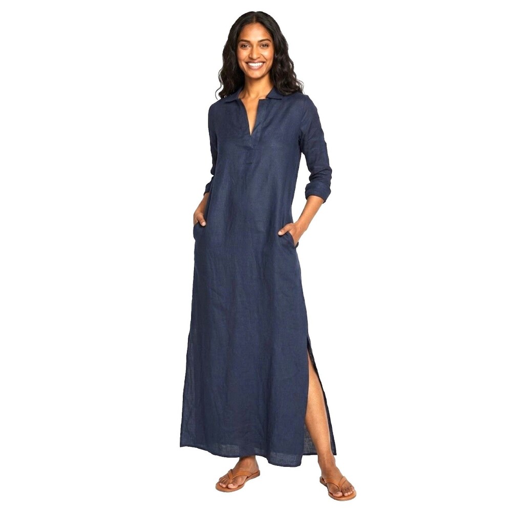Pour Les Femmes Linen Navy Shirt Dress Medium Maxi- Belt Not Included